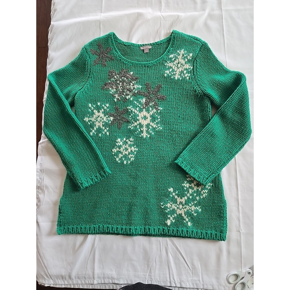 J Jill Sweater Vintage Holiday Green Snowflake Beaded Mohair Wool Medium Women